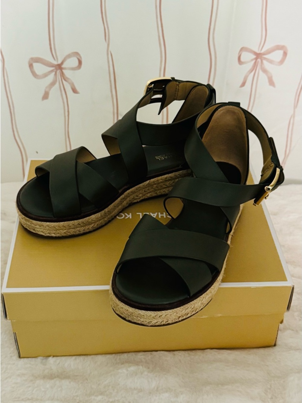Michael Kors Dark Olive Leather Espadrille Wedge Sandals